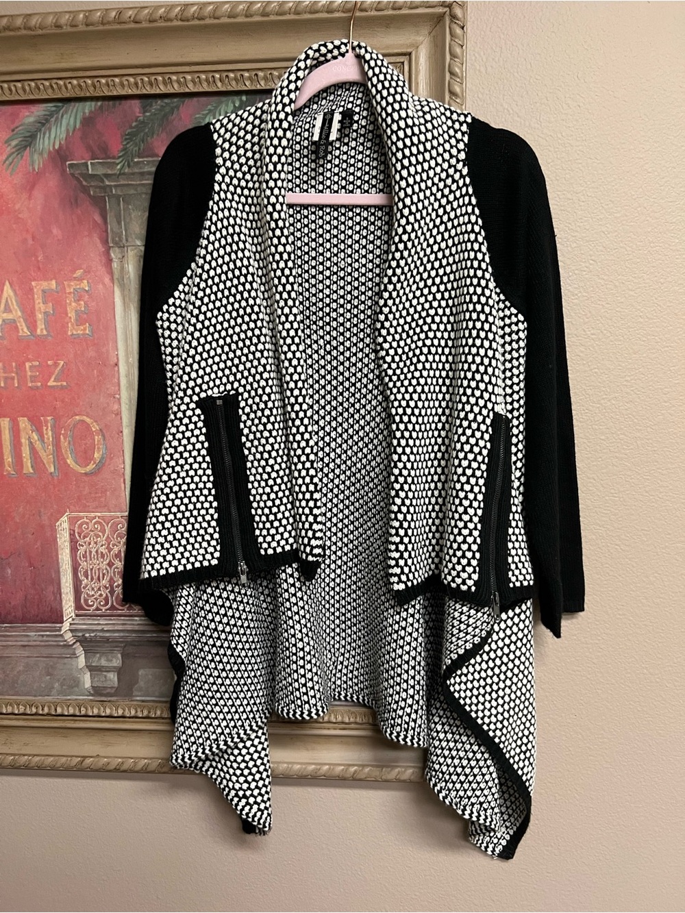 Allie & Rob Black and White Open-Front Draped Cardigan